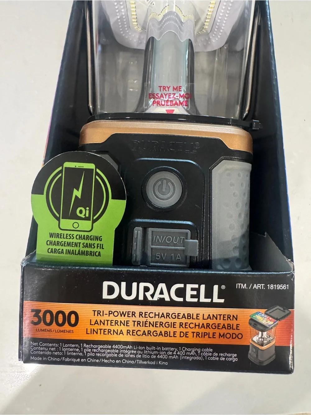 Duracell 3000 Lumen Tri-Power Rechargeable LED Lantern Solar USB Qi NIB